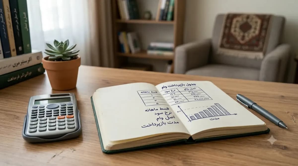 تصویر مفهومی محاسبه نرخ سود وام و اقساط ماهانه روی میز کار مالی تمیز