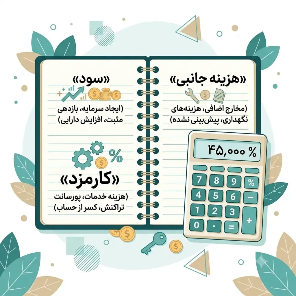 تصویر مفهومی محاسبه نرخ سود وام و اقساط ماهانه روی میز کار مالی تمیز